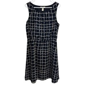 Banana Republic Sleeveless Dress Navy Blue Gray Grid Print Career Casual Size 12